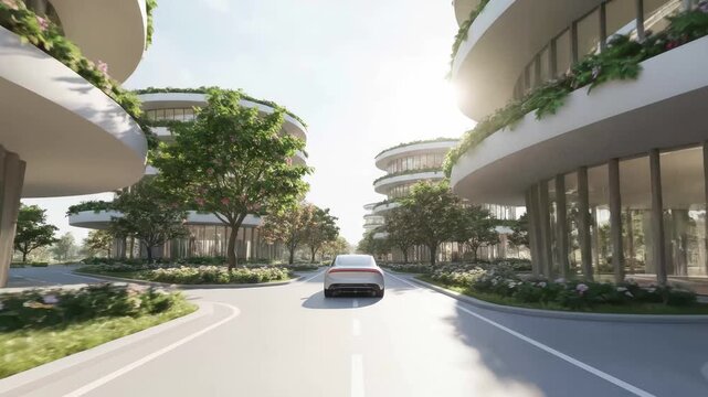 Futuristic electric car driving through green city utopia tracking shot
