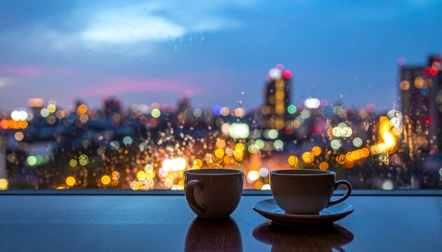 Cozy coffee cups overlook blurred city lights at dusk - Powered by Adobe