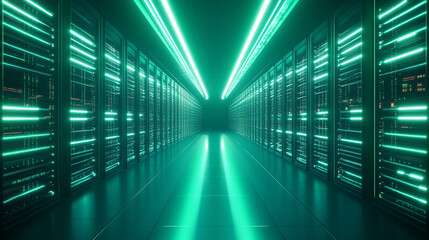 Abstract green light rays form an endless corridor with mirror reflections symbolizing data flow, coding, matrix animation, digital information, and futuristic server technology on a dark gradient bac