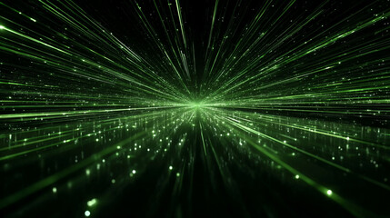 Abstract green light rays form an endless corridor with mirror reflections symbolizing data flow, coding, matrix animation, digital information, and futuristic server technology on a dark gradient bac