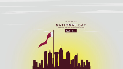 Minimalist Qatar National Day Skyline Illustration with Maroon Flag Silhouette Soft Sunset Yellow Gradient Sky for Celebration Poster and Cultural Event Background