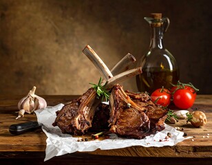 Rack of roasted lamb with vegetables, olive oil and spices on a rustic wooden table