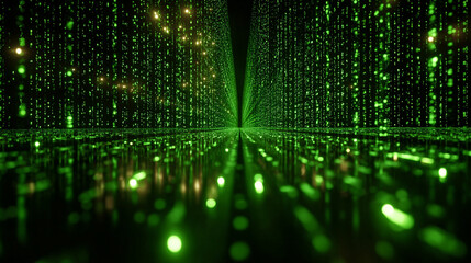 Abstract green light rays form an endless corridor with mirror reflections symbolizing data flow, coding, matrix animation, digital information, and futuristic server technology on a dark gradient bac