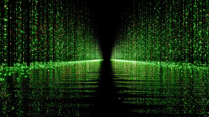 Abstract green light rays form an endless corridor with mirror reflections symbolizing data flow, coding, matrix animation, digital information, and futuristic server technology on a dark gradient bac