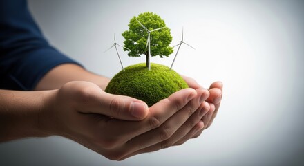 Hands holding green globe with wind turbines and tree showcasing renewable energy and environmental conservation