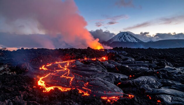 Molten lava flows from an erupting volcano at twilight with a snow-capped peak in the distance. - Powered by Adobe