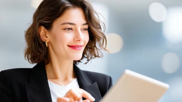 Confident Woman in the Modern Workplace: A focused businesswoman, dressed in a sharp blazer, intently uses a digital tablet, embodying both style and professional efficiency.