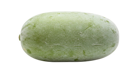 A single fresh green raw mango fruit, an unripe tropical produce often used in various cuisines, isolated on transparent background