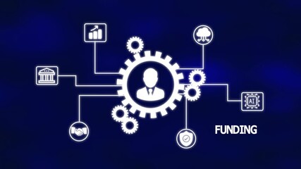 Modern digital funding illustration with gear mechanisms, financial icons, business connectivity, resource allocation and technology-driven financial support.