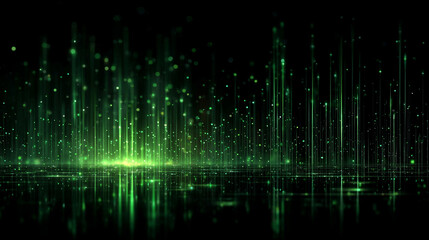 Abstract green light rays form an endless corridor with mirror reflections symbolizing data flow, coding, matrix animation, digital information, and futuristic server technology on a dark gradient bac