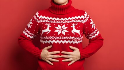 Christmas jumper with reindeer pattern on a red background, perfect for holiday season celebrations