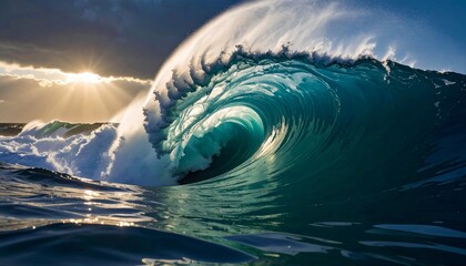 A powerful ocean wave with a curling barrel, illuminated by the setting sun, creating a dramatic and beautiful seascape.