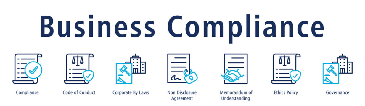 Business compliance web banner icon vector illustration concept with icon of compliance, code of conduct, corporate by laws, non disclosure agreement, memorandum of understanding, and ethics policy.