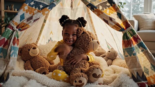 Joyful child playing with teddy bear inside a colorful tent at home