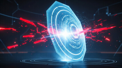 Futuristic digital energy shield protecting against red data fragments in a dynamic, abstract cybernetic environment, symbolizing advanced security and technological defense