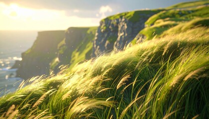 Golden hour light illuminates a windswept grassy cliff overlooking the vast ocean.