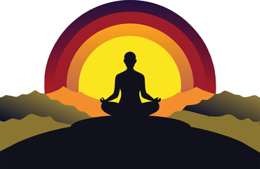 Find inner peace with a serene yoga silhouette against a vibrant sunset landscape, ideal for wellness brands and mindful living promotions