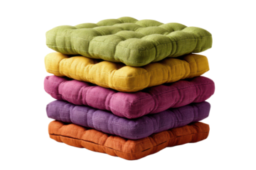 Stack of five tufted seat cushions in green yellow pink purple and orange textile fabric