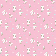 Flower pattern, floral seamless pattern, cottagecore ditsy tile print, gentle cotton flower on pink background. Small hand draw flower, sweet tone style design for fashion, texture, fabric, wallpaper