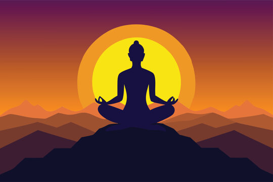 Find inner peace with mindful meditation against a vibrant sunset landscape, promoting wellness and tranquility for a balanced lifestyle and yoga practice