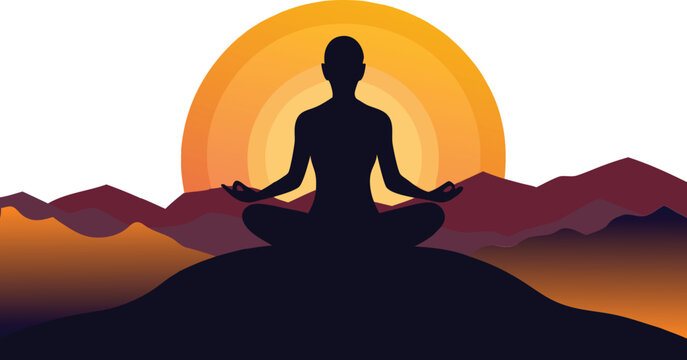 Find inner peace with mindful meditation at sunrise over majestic mountains, promoting wellness and tranquility through yoga practice outdoors, serene retreat