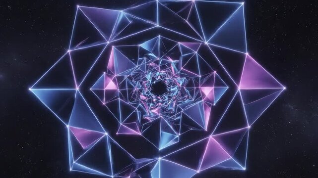 Seamlessly looping abstract geometric void pattern shifting and expanding across a deep dark empty space background minimal, looping, flowing