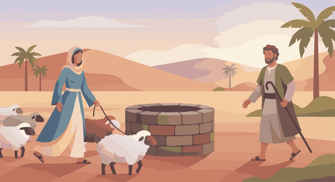 Jacob Meets Rachel at the Well
bible story
Rachel leading sheep toward a stone well as Jacob approaches