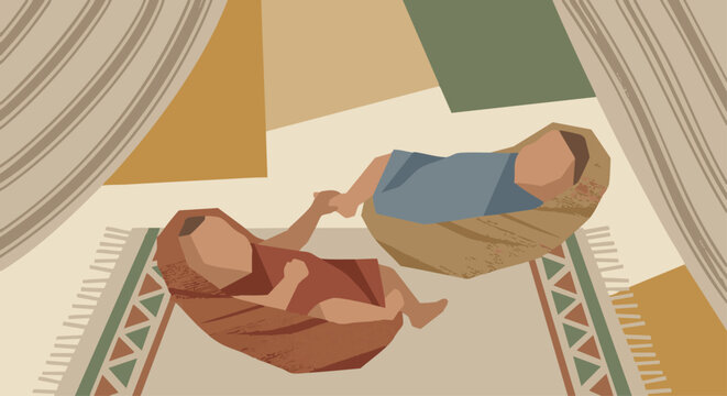 Jacob & Esau (Birth and Contrast)(No text)

A symbolic flat-vector composition of newborn Jacob and Esau, one reaching for the other&rsquo;s heel,