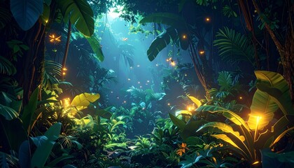 A magical, glowing jungle at night with ethereal light filtering through dense foliage and sparkling fireflies.