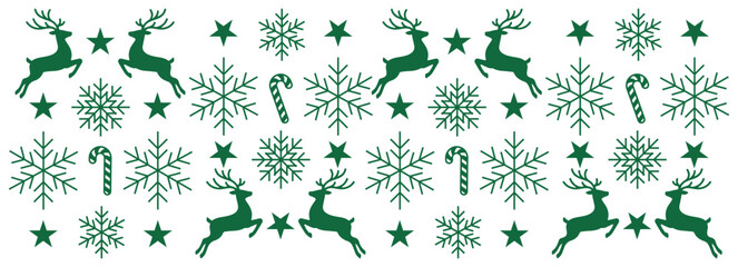 A festive pattern of reindeer snowflakes and candy canes for winter holidays