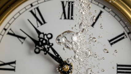 An antique clock submerged in water, featuring prominent bubbles indicating the immersion, suggesting themes of time, pressure, or a surreal interruption of the norm.
