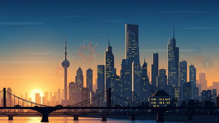 A stylized vector illustration of a cityscape skyline featuring a bridge, skyscrapers, and celebratory fireworks at sunset, creating a vibrant urban scene