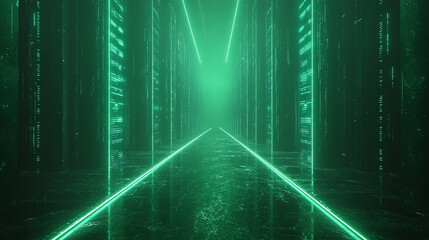 Abstract green light rays form an endless corridor with mirror reflections symbolizing data flow, coding, matrix animation, digital information, and futuristic server technology on a dark gradient bac