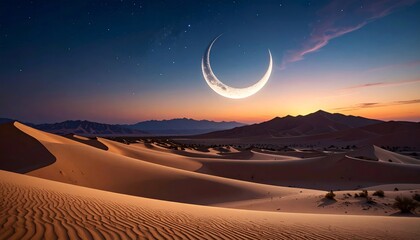 A stunning desert landscape at twilight with a large crescent moon illuminating the vast sand dunes and distant mountains under a starry sky.