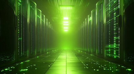 Abstract green light rays form an endless corridor with mirror reflections symbolizing data flow, coding, matrix animation, digital information, and futuristic server technology on a dark gradient bac