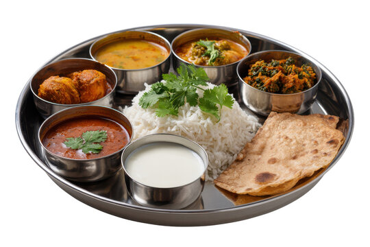 Indian Thali meal with rice dal curry vegetables and roti on black image, Isolated On White Background, Png Transparent