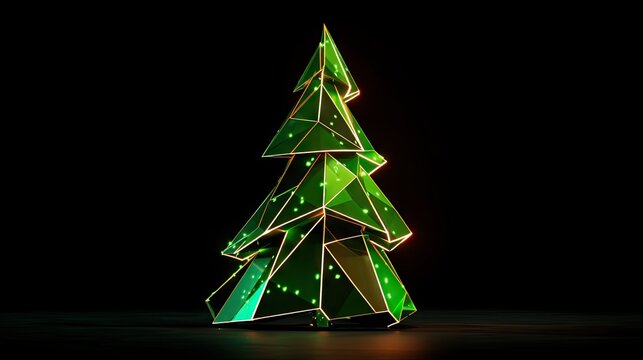 Modern Geometric Christmas Tree with Green Lights and Glowing Edges against a Dark Background