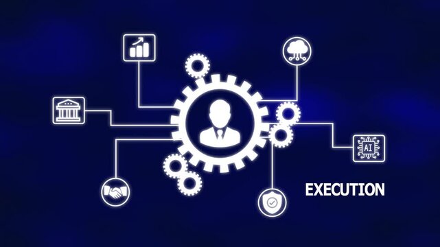 Digital execution process illustration with gears, structured workflow icons, operational actions, strategic implementation and technology-based coordination.