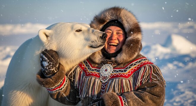 Smiling person in traditional winter clothing hugging friendly polar bear outdoors in snowy arctic landscape