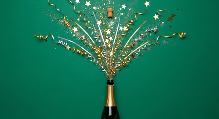 Champagne bottle popping with festive gold confetti, ribbons, and sparkling stars on green background