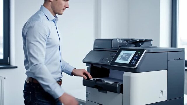 Professional loading paper into office multifunction printer preparing documents for work task
