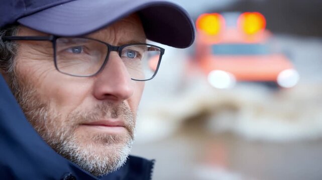 Contemplative Protector: A dedicated individual, clad in a cap and spectacles, fixates on the imminent situation, with an emergency vehicle in the backdrop, embodying concern. 