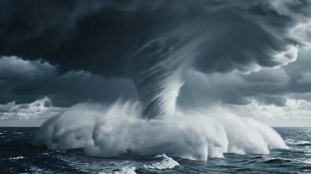 Dramatic Waterspout Formation Over Ocean with Dark Storm Clouds.