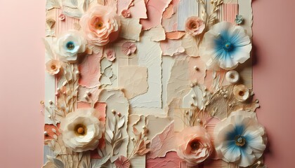 A background image with torn paper and pressed blue flowers as a layered paper collage in peach, pink, and cream colors.