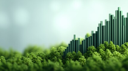 A serene landscape featuring green foliage and rising green bars, symbolizing growth and nature's harmony with technology.