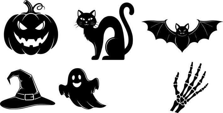 Halloween icons set with pumpkin cat bat ghost witch hat and skeleton hand in black silhouette style vector illustration