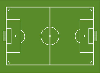 Illustrated top-down vector layout of a soccer field with clearly defined boundaries, center circle, midfield line, goal areas, penalty boxes, and corner markings on a vibrant green pitch background
