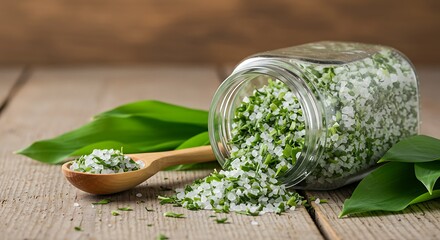 Salt infused with green herbs spills from jar onto a wooden surface, with leaves and spoon nearby