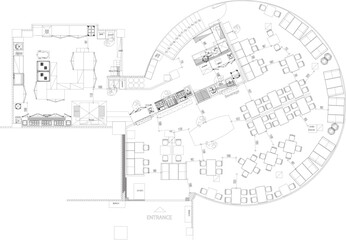 2D Drawing Layout for Interior Design of Pizza Restaurant with Salad Bar, Seating Area, and Service Station