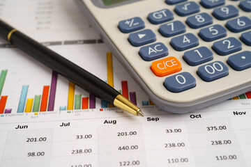 Calculator on chart graph paper. Finance, account, statistic, investment data economy, stock exchange business.